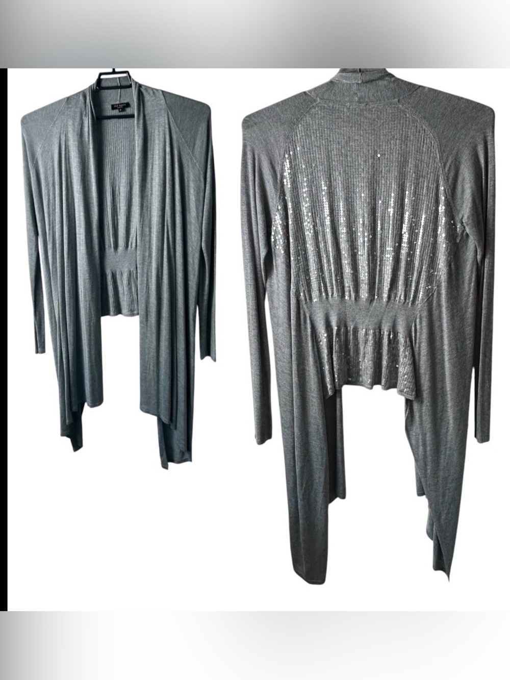 Ted Baker Open Drape Cardigan Womens 3 Medium Gray Sequins Asymmetrical Longline